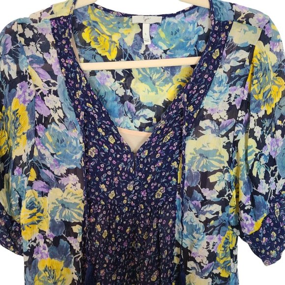 Joie Womens S Blue Floral Tasseled Tie Neck Layered Tunic Silk Blouse Top - Picture 2 of 8